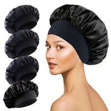Satin Bonnet Sleep Cap Women Wide Elastic Band Hair Wrap Curly Long Hair Black