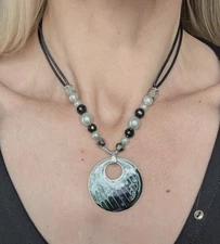 Large Pendant Necklace Beaded Leather Cord, Black Silver Round Abstract Pendant