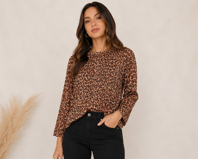 Zara Womens M Leopard Print Pleated Blouse Long Sleeve Animal Print NWOT