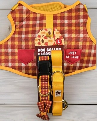 Large Dog Set: Collar- Harness- Leash ''Just Be-Leaf'' Yellow & Burgundy, New