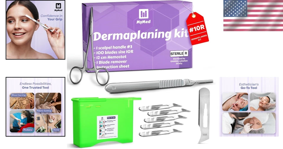 Kit de bisturí Dermaplane profesional 10R con 100 cuchillas y hemostato incluidos Foto 2 de 4