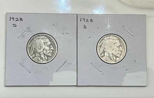 1928-S & 1928-D U.S. Buffalo Nickels Old Antique 5 Cent Indian Head Coins