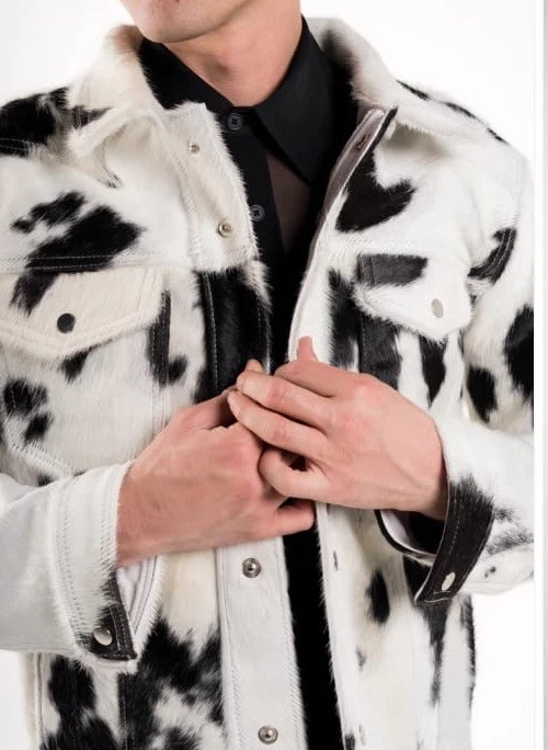 Men’s Cow Hair Trucker Jacket Black And White Fur Warm Denim Coat Western Style - Image 3 of 4