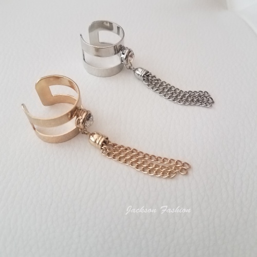 GOLD OR SILVER TONE RHINESTONE DANGLE HANGING TASSEL CHAIN STYLE RING - Picture 2 of 6
