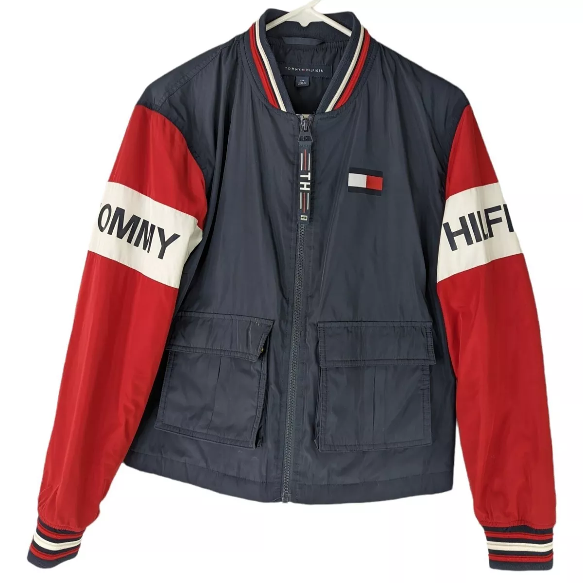 TOMMY HILFIGER ESSENTIAL COLORBLOCK JACKET - Red Navy - Size S Womens Cropped