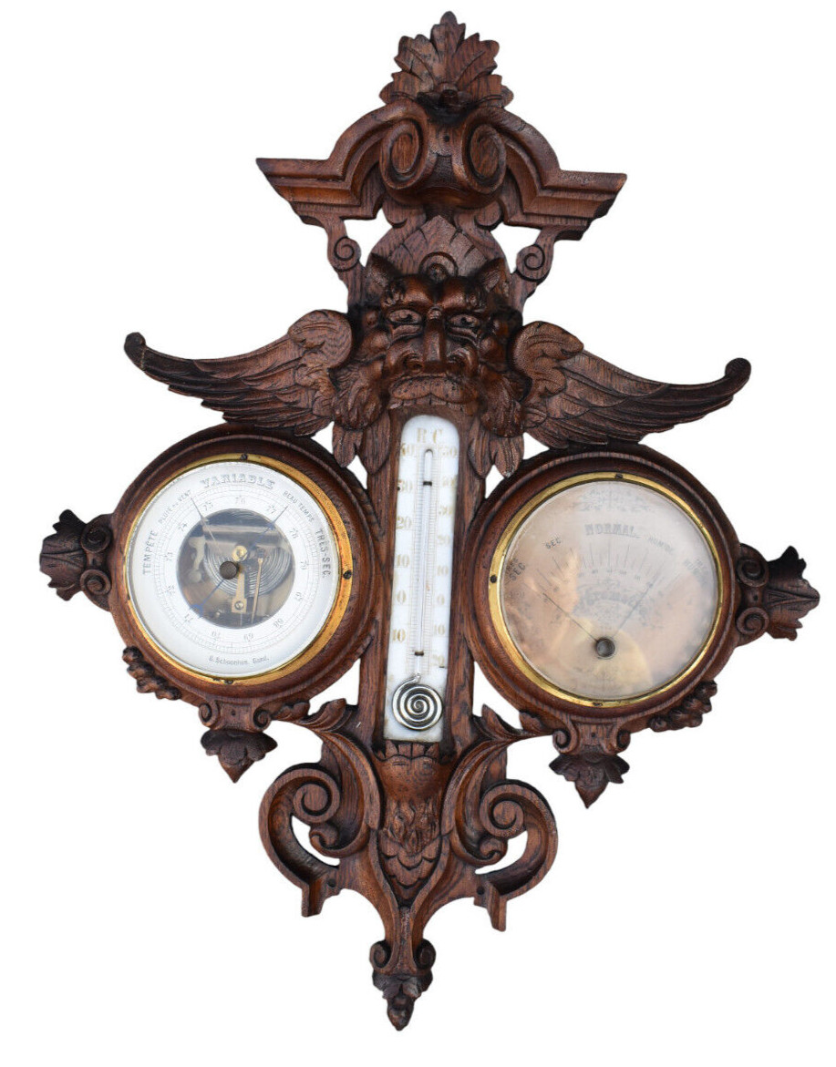 RAre antique french wood carved barometer Weather station mythological dragon