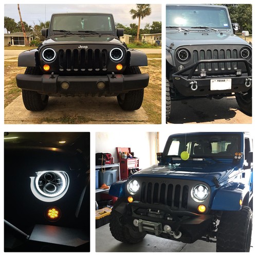 For Jeep Wrangler JK LJ TJ CJ 7"inch Round LED Headlights Halo Angle Eyes - Pair - Foto 11 di 15