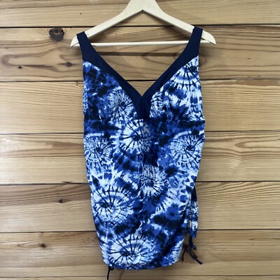 Your Best Look Swim Shirt 18W Tankini Top Blue Black Tie Dye Cups Ruching B105