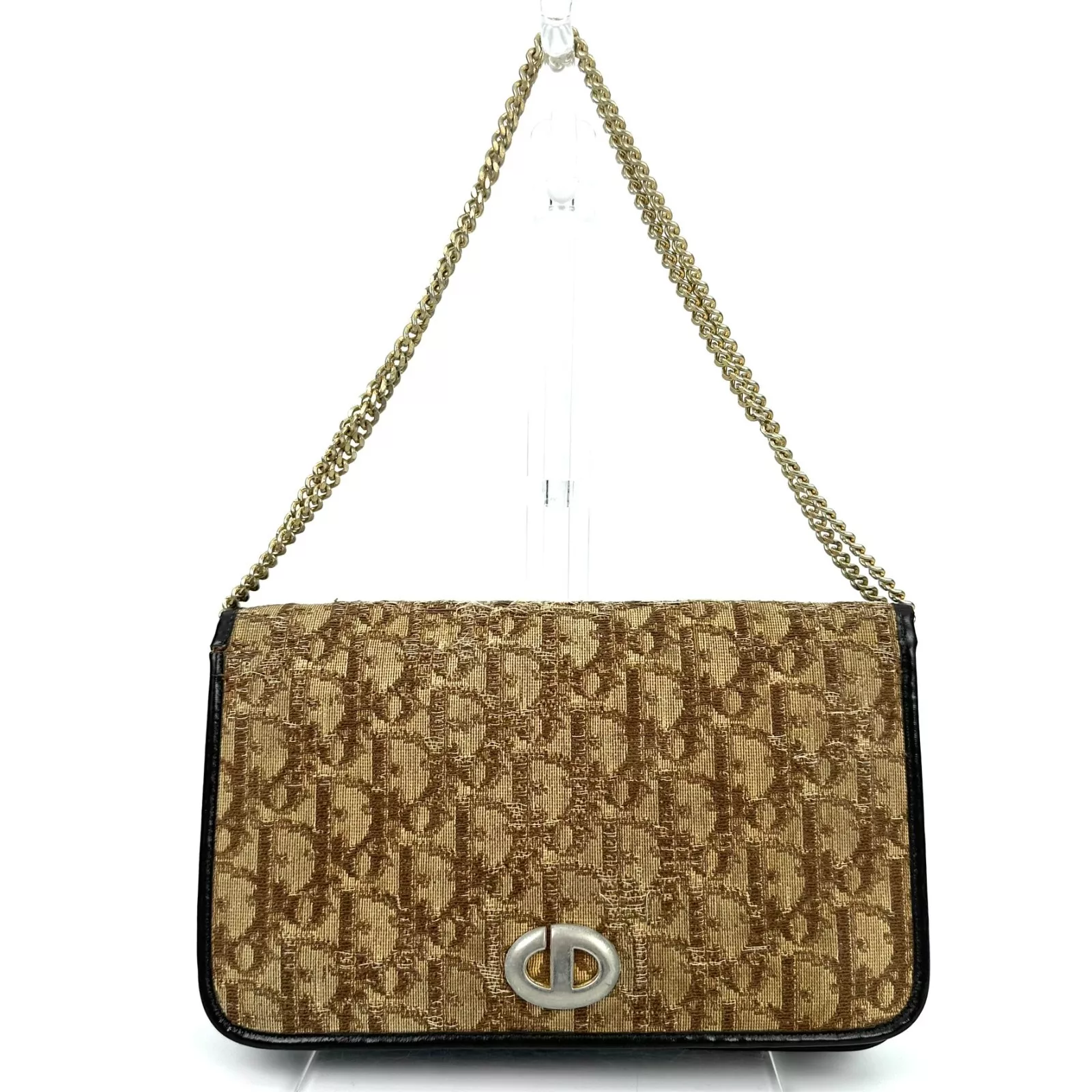 Sac bandoulière toile Christian Dior trotteur chaîne Glod épaule marron X03 0315