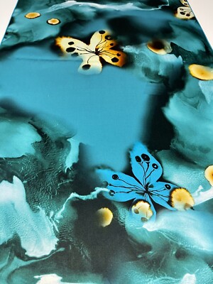 100% Mulberry Silk Satin Scarf  Butterflies Turquoise Blue & Gold - 50x190cm