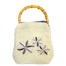 Woven floral embroidered crocheted cottagecore bamboo handle bag. 14" 12"