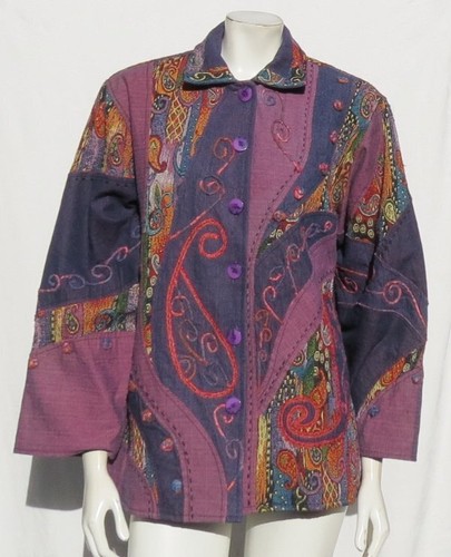 SILVER STREAM US Women’s O/S M L Purple Embellished Patchwork Jacket Washable