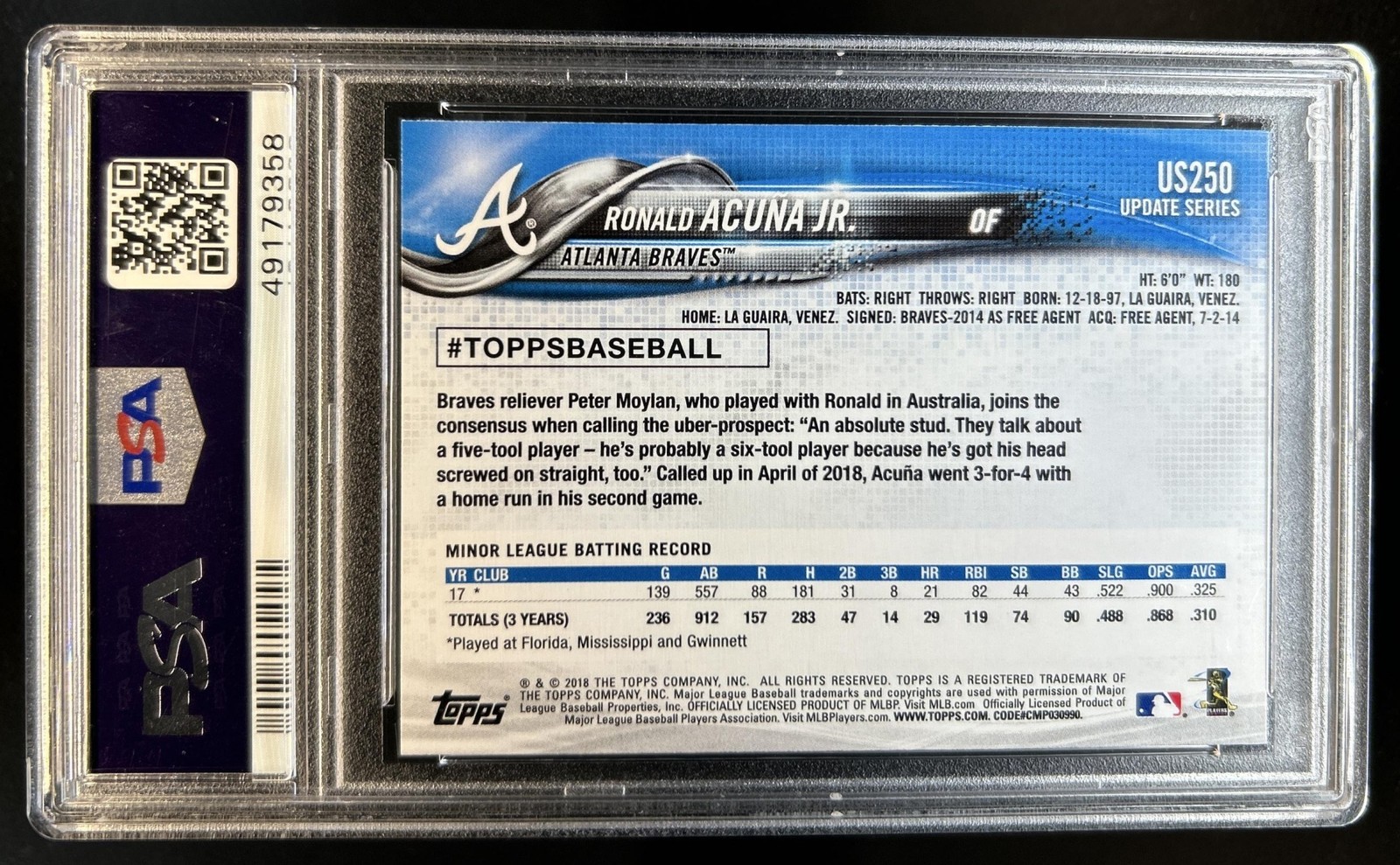 2018 Topps Update Ronald Acuna Jr. RC Rookie #US250a Braves PSA 10 GEM MINT view 2