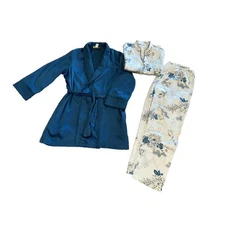 Vintage MORGAN TAYLOR Size S 3 PC PAJAMA & ROBE SET TOP & PANTS Floral Blue Z23