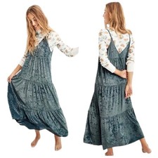 Aerie Dress Womens XL Blue Crushed Velvet Tiered Maxi Spaghetti Strap Boho Indie
