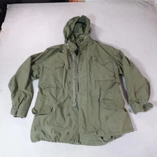 Military Field Jacket Mens Medium Green Hooded Utility Coat Cargo Zip Distressed
