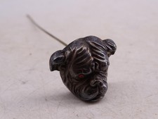 Antique Sterling Silver Bull Dog Jeweled Eye Garnet Hat Pin Hair Hatpin Vintage