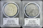 2023-P Morgan & Peace Dollar 2 Coin Set FDOI PCGS MS70 David Hall Hand Signed