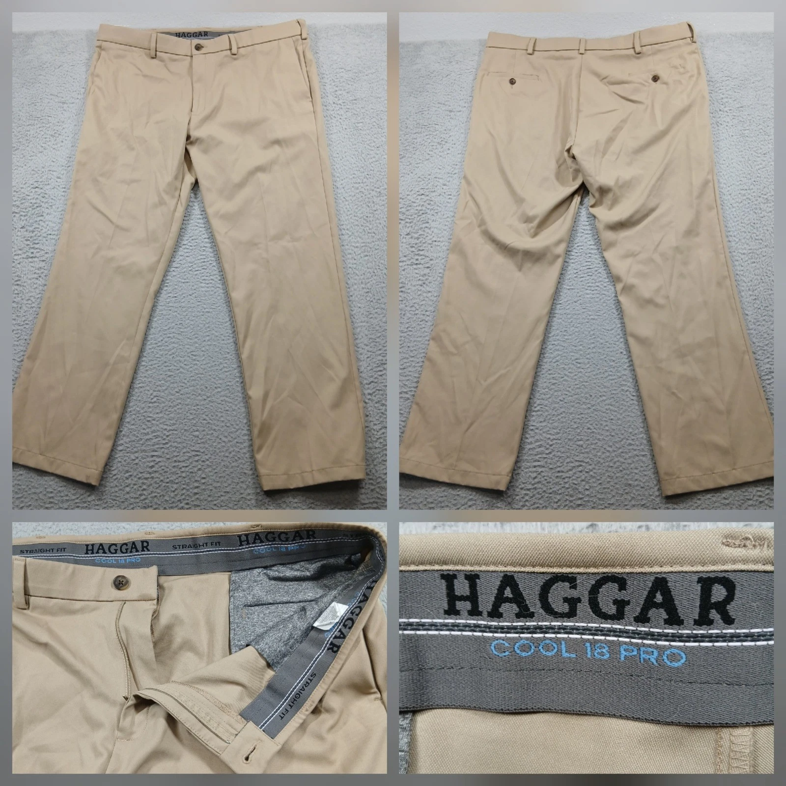 Haggar Cool 18 Pro Pants Men's 42x32 Tan Khaki Straight Fit Performance Chino