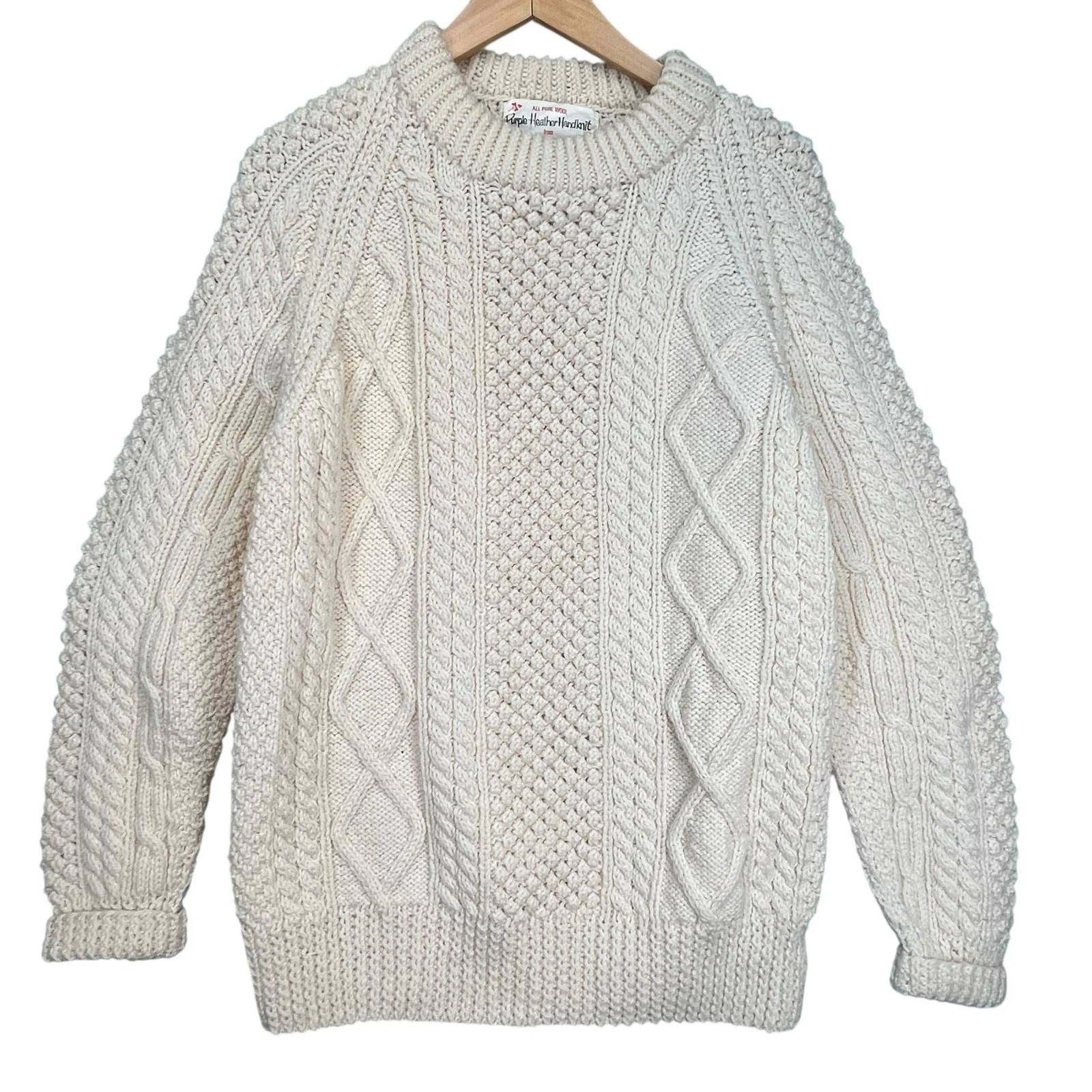 Purple Heather Irish Wool Handknit Vintage Fisherman Sweater Cable Knit L/XL