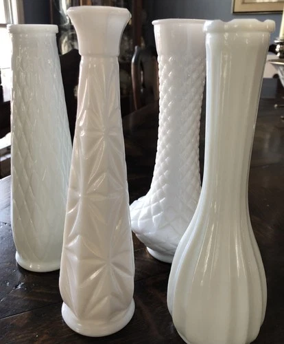 Vintage Milk Glass Bud Vases Lot of 4 Various Patterns