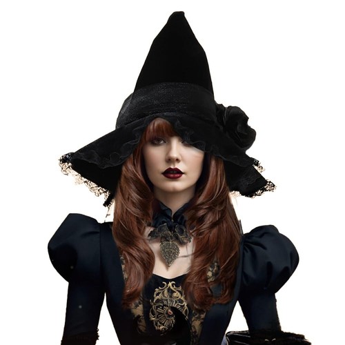 Velvet Witch Hat with Veil and Flower, Lace Fringe Halloween Wizard Masquerad...