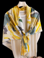 100 Silk 41" large Square Scarf Women Shawl Wrap floral yellow gray beige HD89