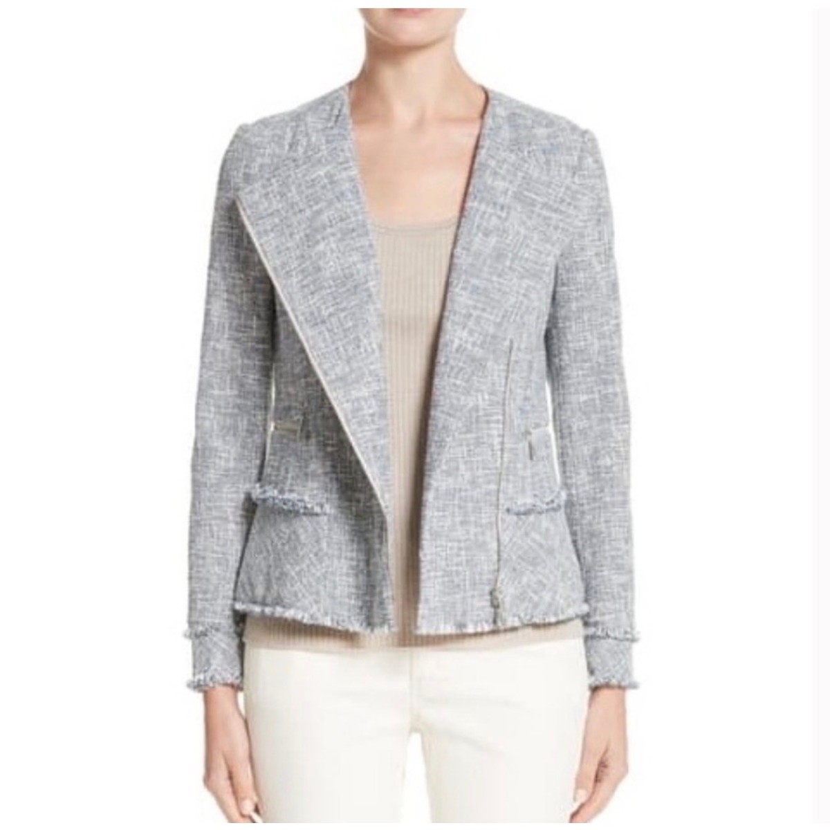 Lafayette 148 New York Owen Tweed Moto Jacket Blue White Size 4 View 2