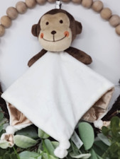 Cream Brown Monkey Lovey Boys Girls Cuddle Time Baby Blanket Satin Back Knotted