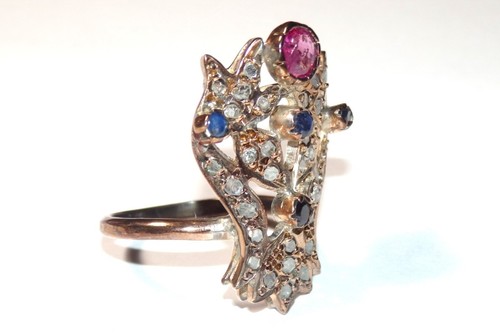 Antique Georgian Victorian 9k Rose Gold Diamond Ruby Sapphire Giardinetti Ring - Picture 5 of 20
