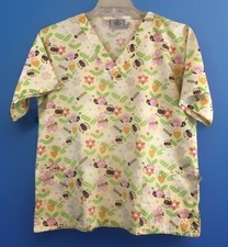 Happy Scrubs Yellow Uniform Scrub Top Bees Flowers Ladybugs Short Sleeve Pink