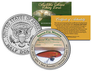 SPOON-FIN-MINNOW-Collectible-Antique-Fishing-Lures-JFK-Half-Dollar-US-Coin-COA