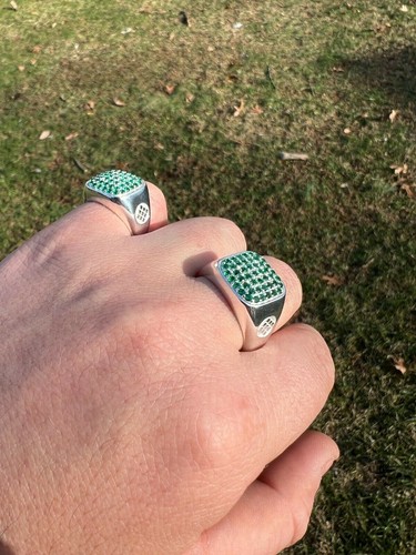 Men's Real Solid 925 Sterling Silver Iced Green Stone CZ Stone Ring Hip Hop 7-13 - Picture 4 of 12