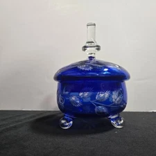 Cut CRYSTAL BOWL COBALT BLUE FLORAL Covered Candy Dish 6.5" tall
