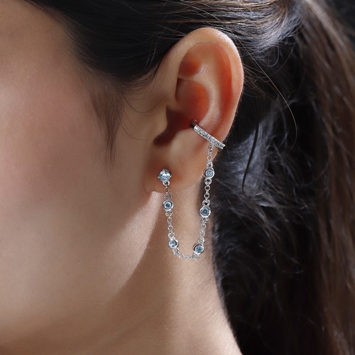 1.20ctw Blue & White Zircon Earring with Chain Ear Cuff Platinum Plated - Picture 3 of 5