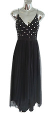 Adrianna Papell Chiffon Dress Women's Black Spotted Dipped Hem Pleat Size 10P
