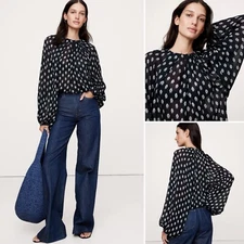 NWT Banana Republic Chiffon Twist Neck Top XXL Navy Blue Paisley Relaxed Blouse