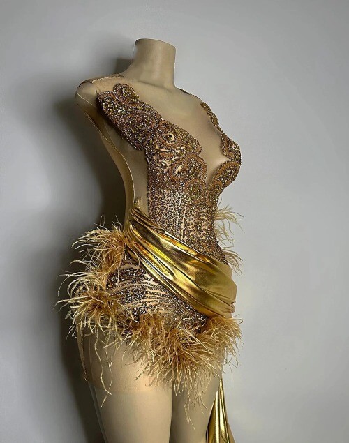 slim fit dress slacks Glitz & Glamour Gold Glitter Feather Mini Dress
