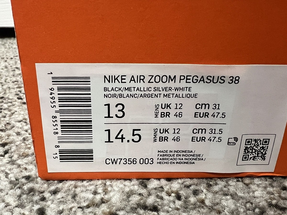 Size 13 - Nike Air Zoom Pegasus 38 Black Metallic Silver for sale