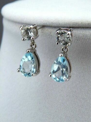 4Ct Pear Aqua Blue Lab Created Diamond Drop Dangle Earring 14k White Gold Over - Picture 1 of 5