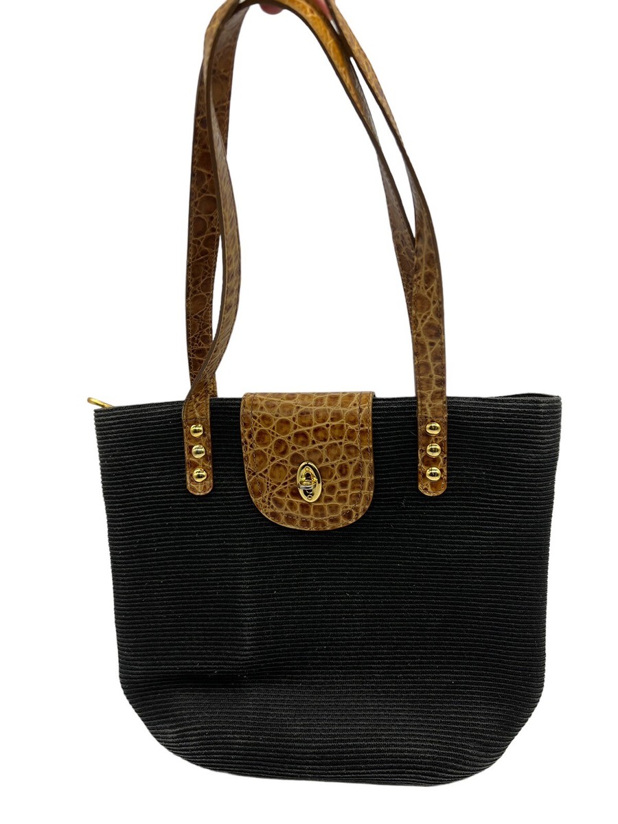 Eric Javits Squishee Black Straw Croc Embossed Leather Trim Shoulder Handbag