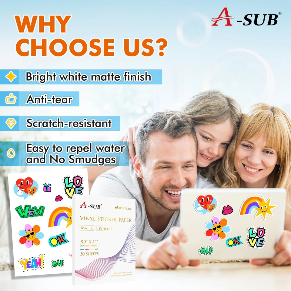 A-SUB Printable Vinyl Sticker Paper for Inkjet Waterproof Matte White 50-200 PK - Image 2 of 4