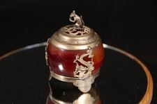 Old red jade or agate, plated silver Zodiac Squirrel Incense Burner