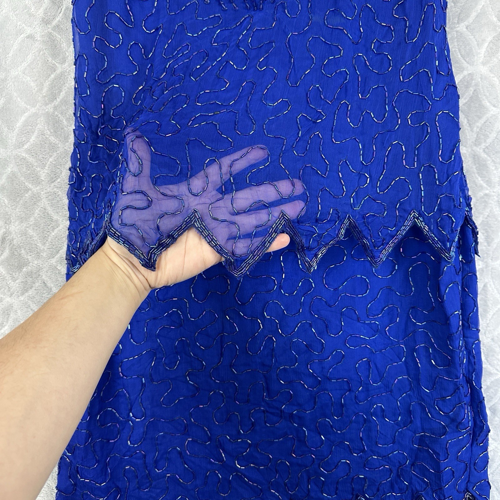 Vtg Laurence Kazar Dress Large Blue 100% Silk Sequin Bead Cocktail Party Flapper