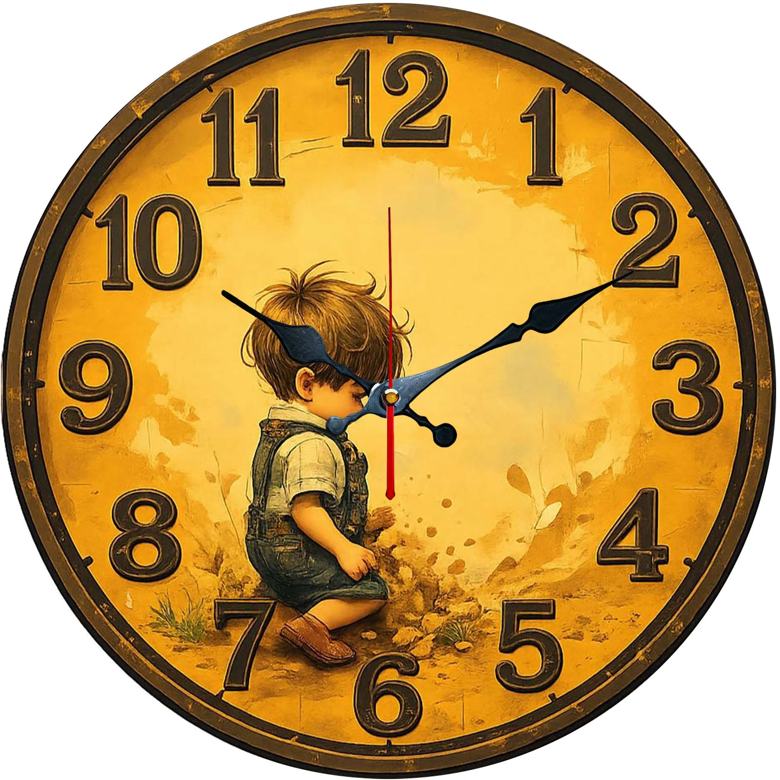 Boy Illustration Wooden Silent Wall Clock No Battery Holiday Home Decors