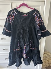 Free People Pavlo Embroidered Babydoll Dress Black Boho Tunic Womens Large