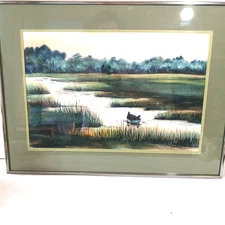 Landscape Boat in estuary Jill Musser Original Painting Watercolor Acrylic