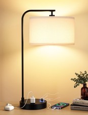 White Side Table Lamp with USB Port and Outlet, Dimmable Nightstand Bedside L...
