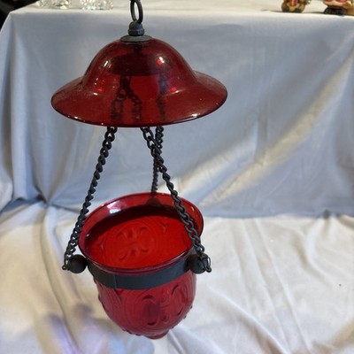 Vintage / Antique Hanging Candle Lamp hanging Red Glass Lantern