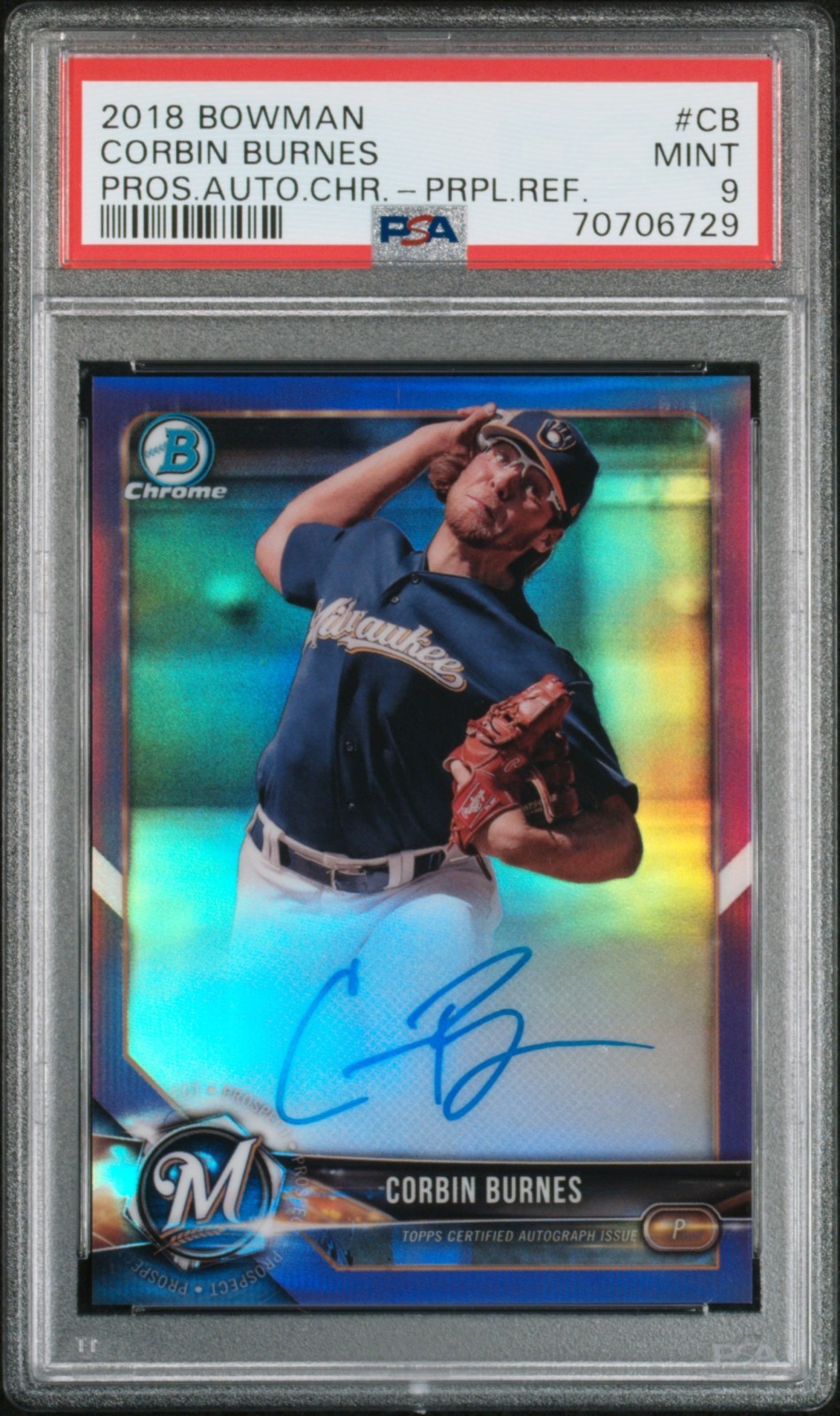 2018 Bowman Chrome Corbin Burnes AUTO Purple Refractor 11 /250 PSA 9 Brewers